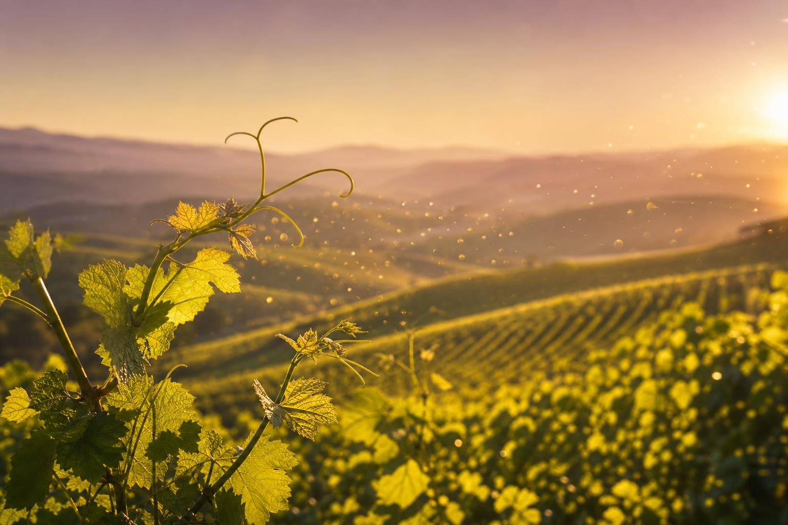 Rangs de vigne à l'aube sous un ciel doré et mauve en Saône-et-Loire