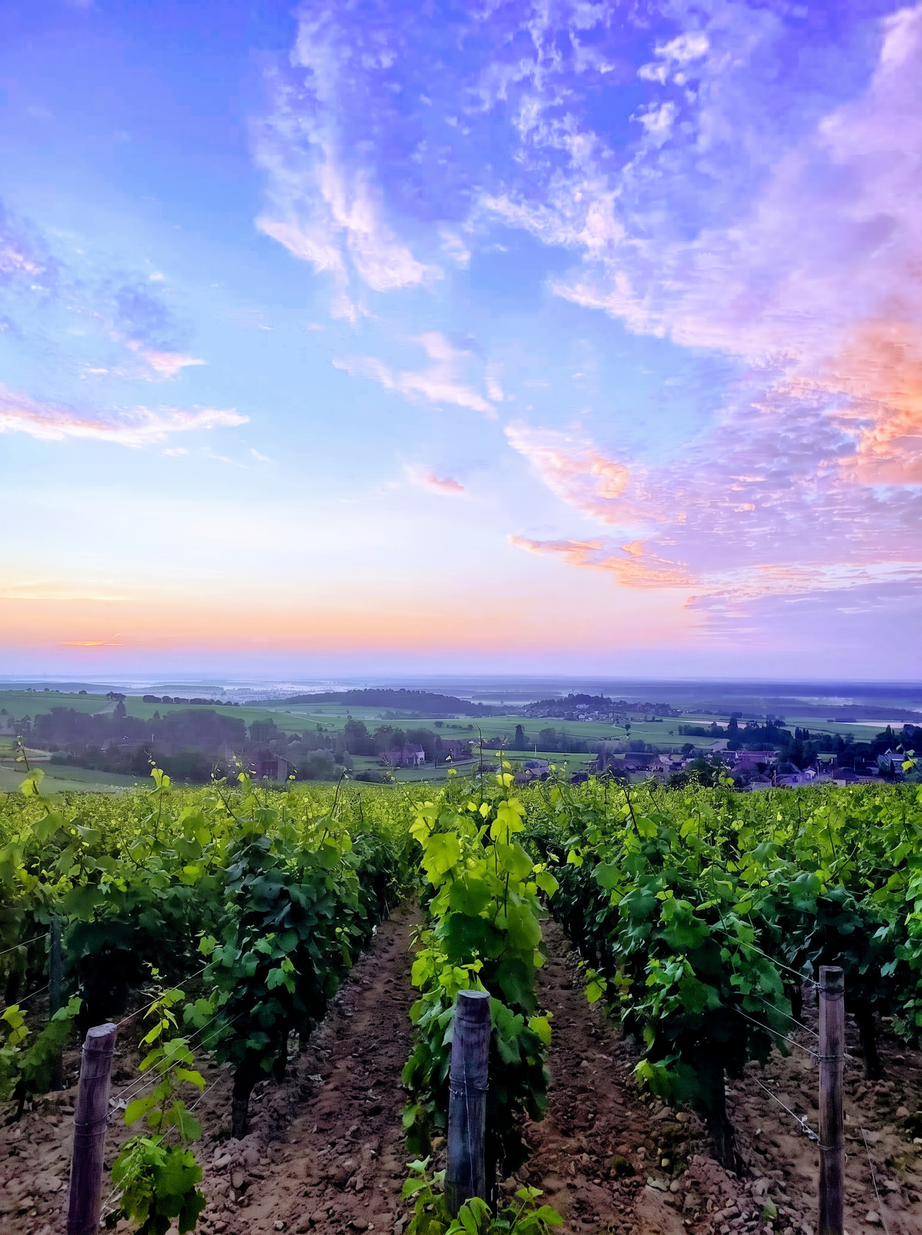 Rangs de vigne au lever du soleil, ciel mauve et doré