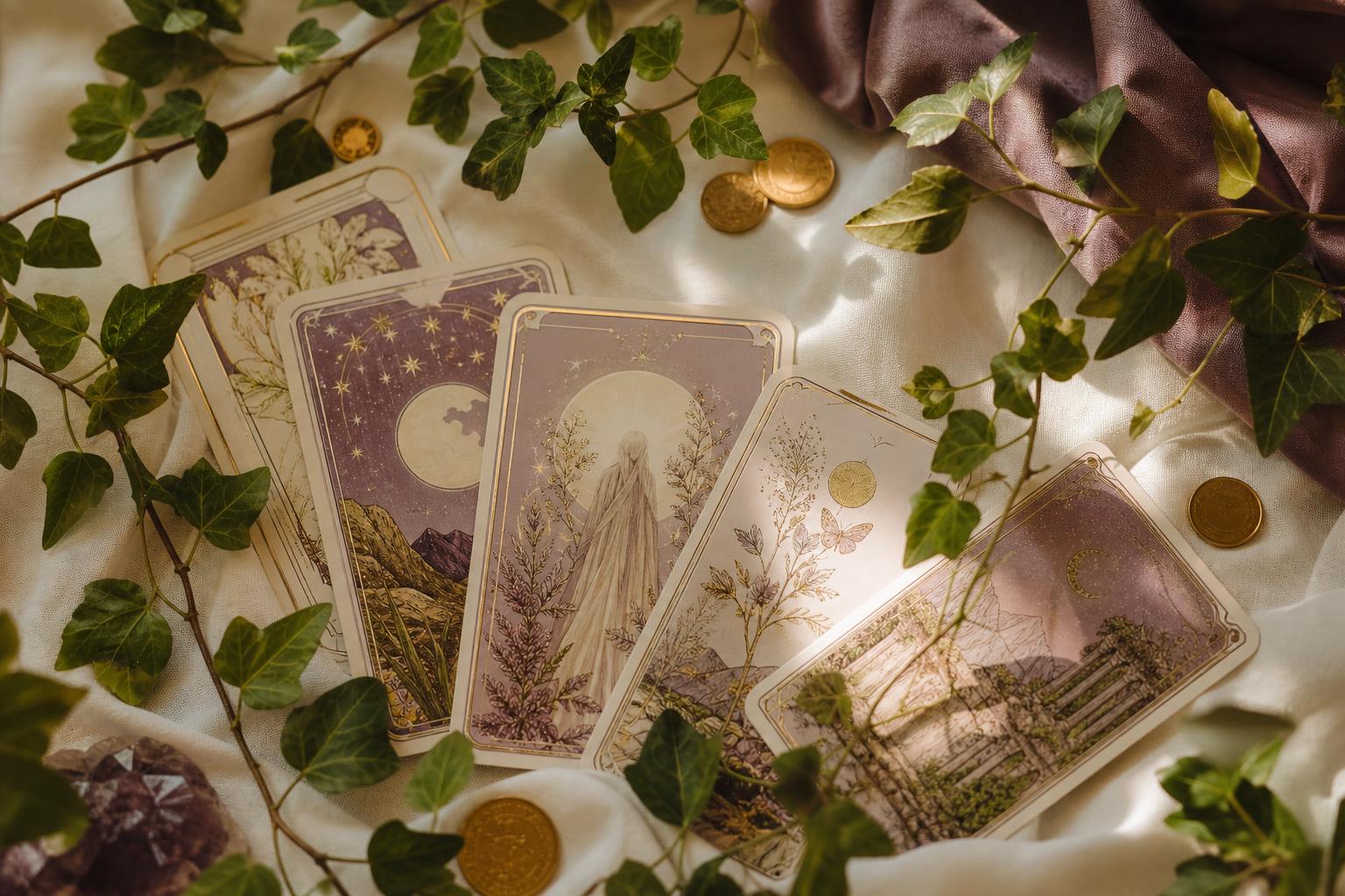 Cartes de tarot entourées de feuilles de vigne et d'accents dorés sur fond crème
